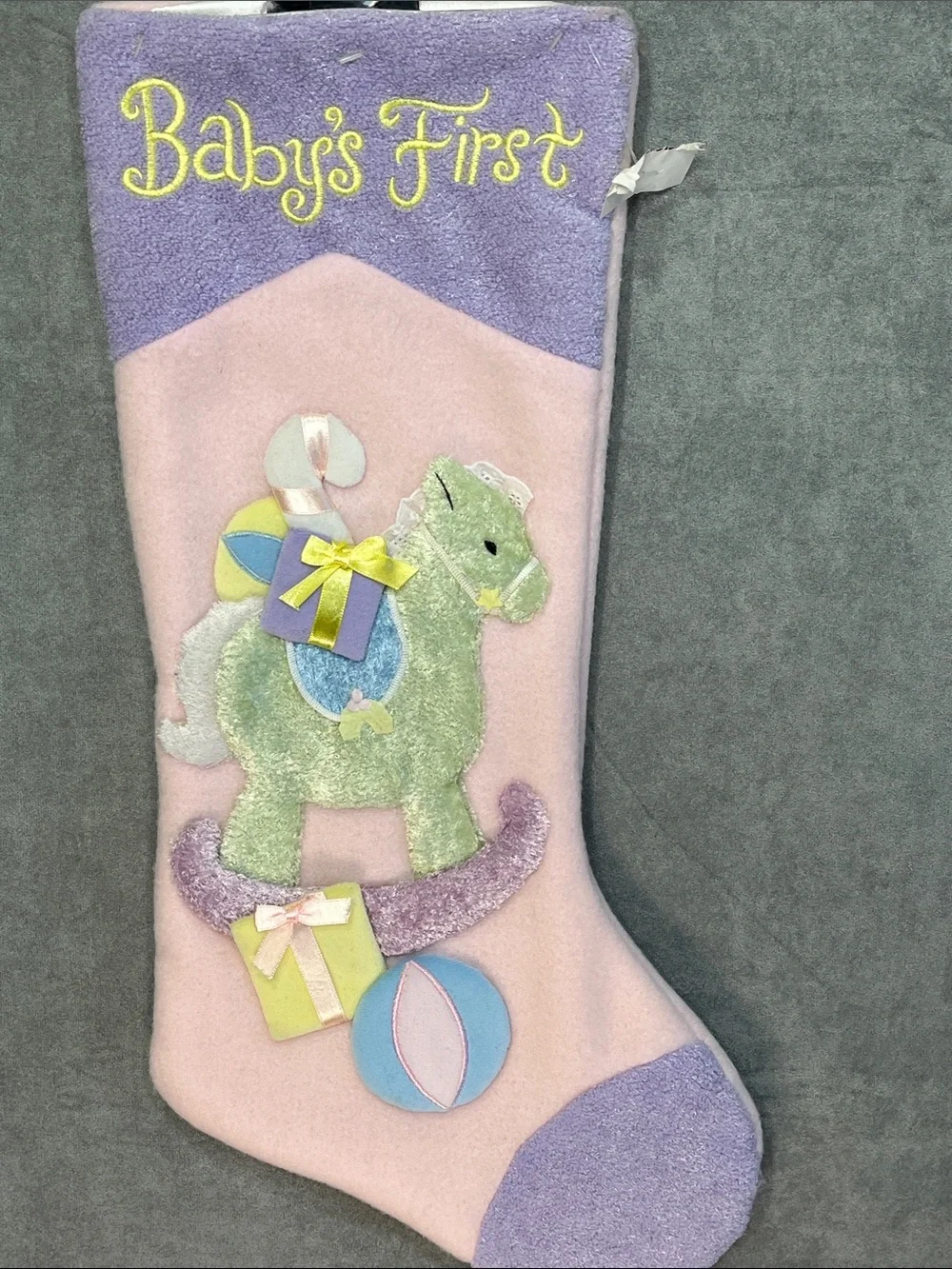 Baby’s First Christmas Stocking Pastel Rocking Horse Pink Purple 20” Vintage